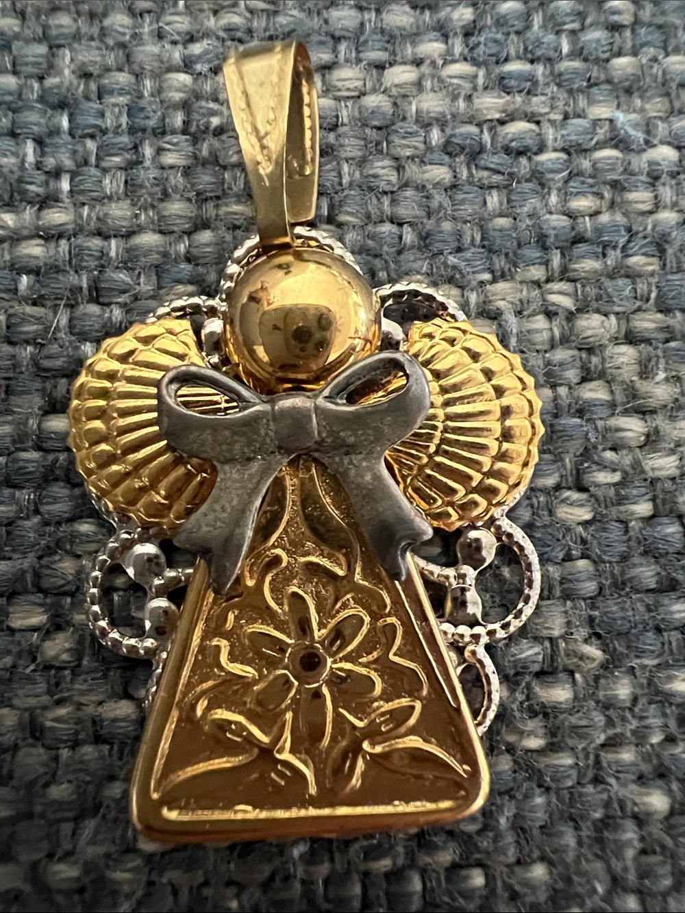 Gold-Tone Angel Pendant Necklace Charm - Two-Tone Bow Accent